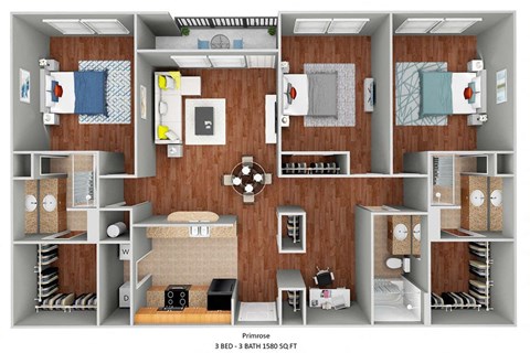 Floor plan for 3 beds, 3 baths, 1580 sqft